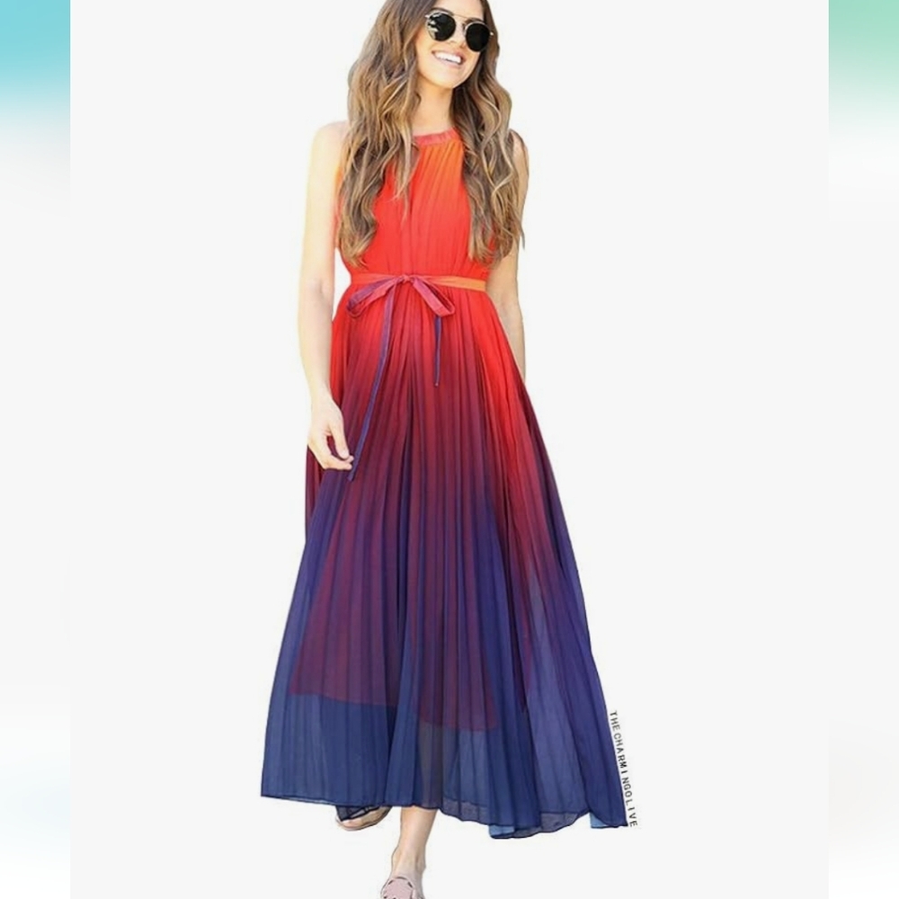 Pink and Orange Pleated Halter Maxi Dress for Prom